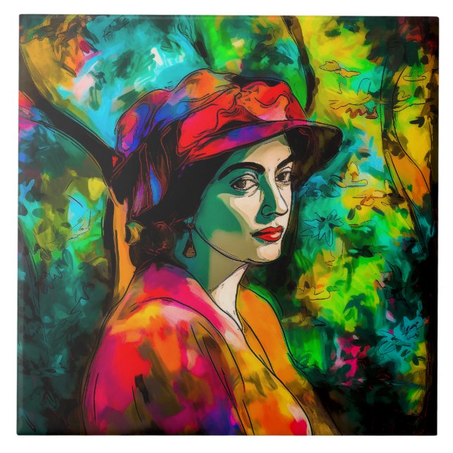 Frau in Red Hat Fliese (Vorderseite)