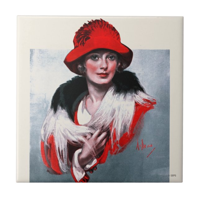 Frau in Red Hat Fliese (Vorderseite)