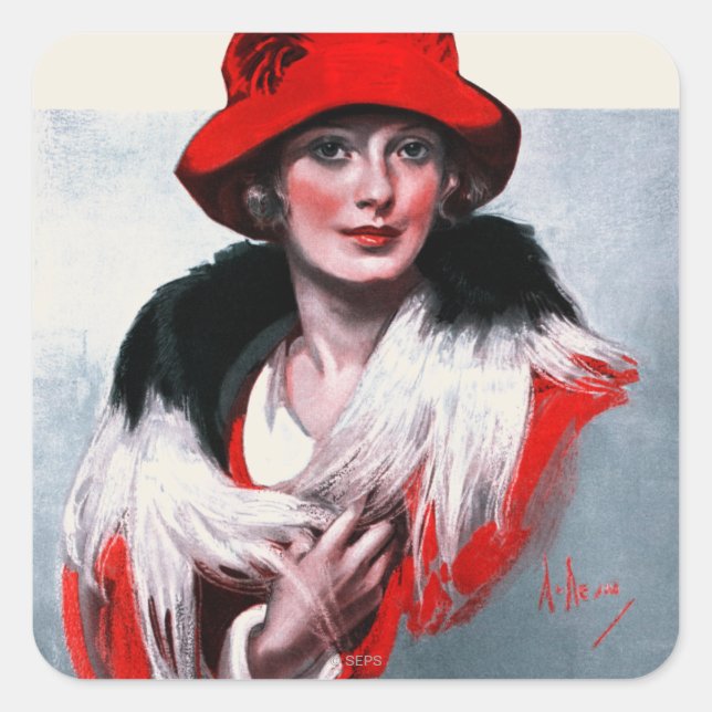 Frau in Red Hat Quadratischer Aufkleber (Vorderseite)