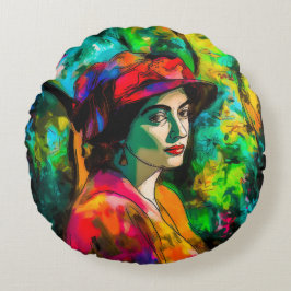 Frau in Red Hat Rundes Kissen