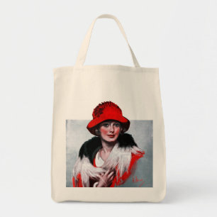 Frau in Red Hat Tragetasche