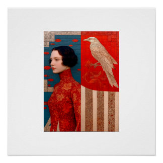 Frau in rot blühendem Kleid & goldener Vogel Postk Poster