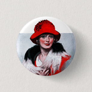 Frau in rotem Hut Button