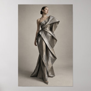 Frau in skulpturalem metallischem silbernen Kleid Poster
