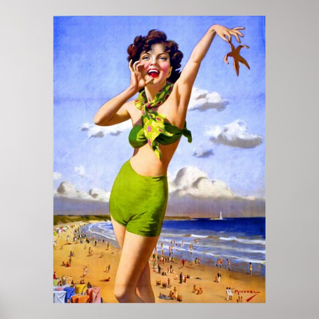 Frau in Swimsuit am Strand Poster (Vorne)