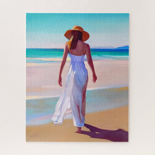 Frau in Weiß am Strand Puzzle