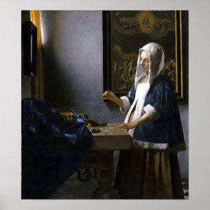 Frau Johannes Vermeer, die eine Balance hält Poster