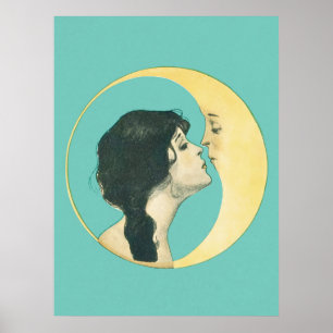 Frau küsst den Mond Vintage-Kunstprint Poster