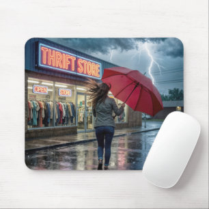 Frau läuft auf ein Second-Hand-Geschäft zu während Mousepad