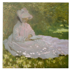 Frau liest Frühlings-Monet Fliese