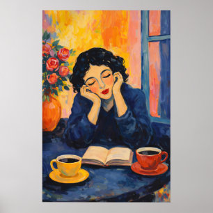 Frau liest Kaffeeplakat, Vintage Impressionist Poster