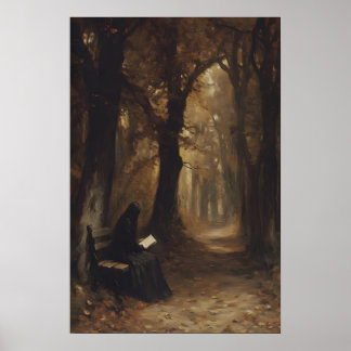 Frau liest traurigen Herbstwald Kunst-Druckvorlage Poster