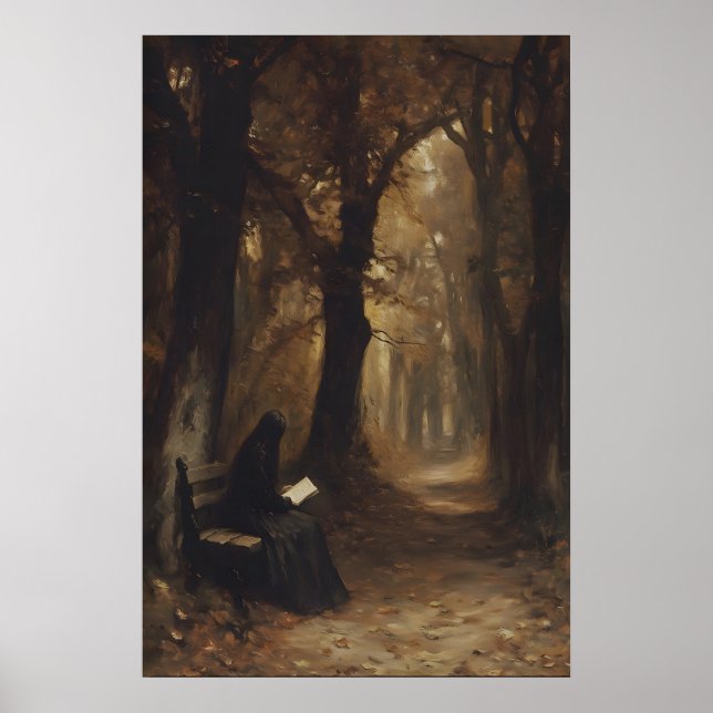 Frau liest traurigen Herbstwald Kunst-Druckvorlage Poster (Vorne)