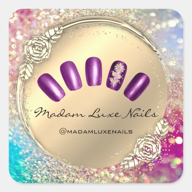 Frau Luxe Nail Glitzer Rose Gold Floral Violet Quadratischer Aufkleber (Vorderseite)