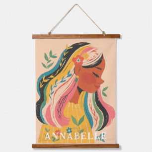 Frau Mädchen Boho Blumen Illustration Vorname Wandteppich Mit Holzrahmen