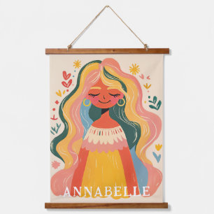 Frau Mädchen Boho Blumen Illustration Vorname Wandteppich Mit Holzrahmen