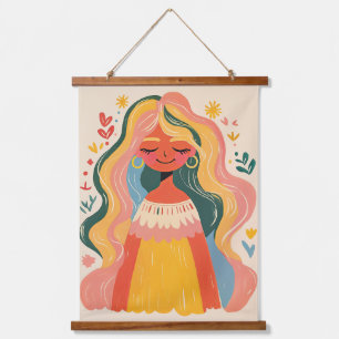 Frau Mädchen Süß Boho Blumen Illustration Wandteppich Mit Holzrahmen