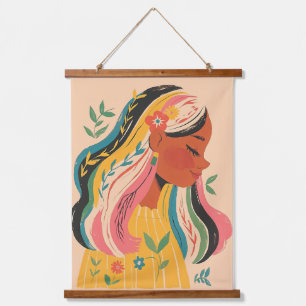 Frau Mädchen Süß Boho Blumen Illustration Wandteppich Mit Holzrahmen
