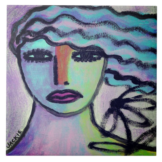 Frau mit Abstraktem Portrait der Blume Fliese (Vorderseite)
