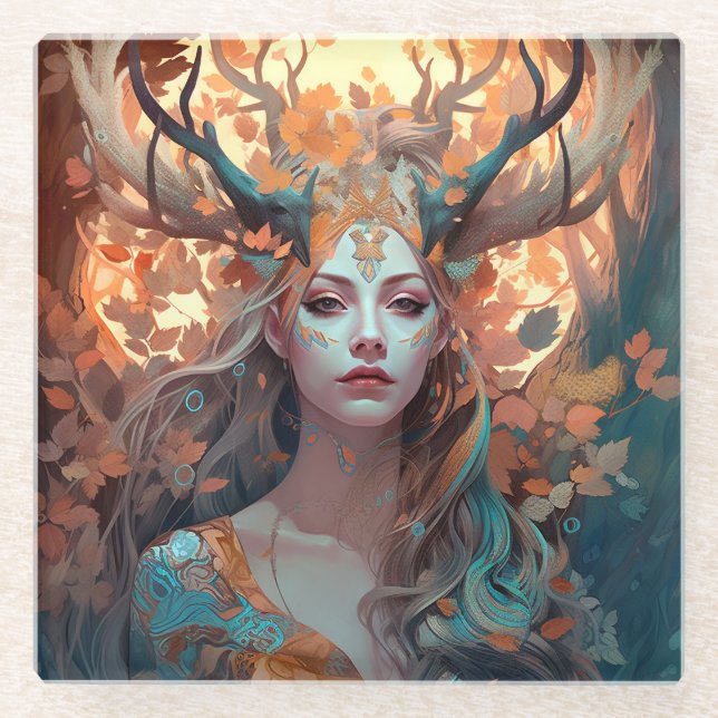 Frau mit antlers Fantasy Art Glasuntersetzer (Vorderseite)
