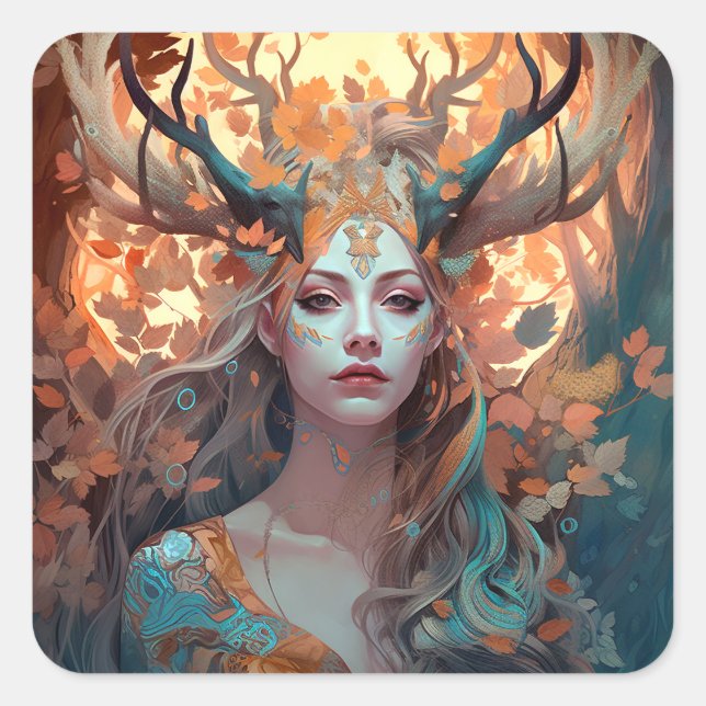 Frau mit antlers Fantasy Art Quadratischer Aufkleber (Vorderseite)