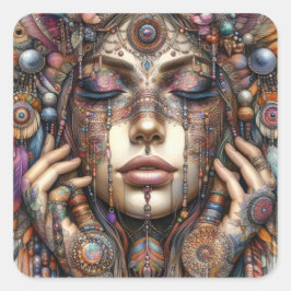 Frau mit aufwändiger, im Stammesalter Inspiriert O Quadratischer Aufkleber