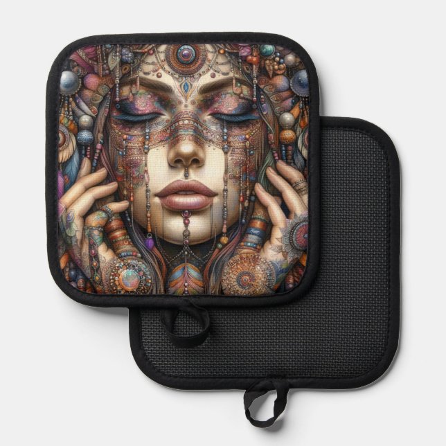 Frau mit aufwändiger, im Stammesalter Inspiriert O Topflappen (Vorderseite/Rückseite)