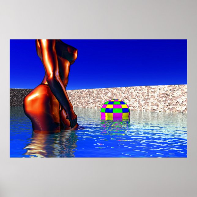 Frau mit Ball im Wasser Poster (Vorne)