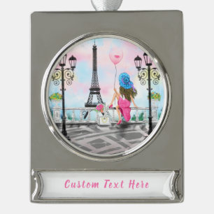 Frau mit Ballon in Paris Eiffelturm Ihr Text Banner-Ornament Silber