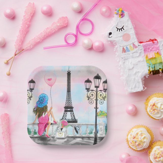 Frau mit Ballon in Paris Papier Teller Romantik (Party)