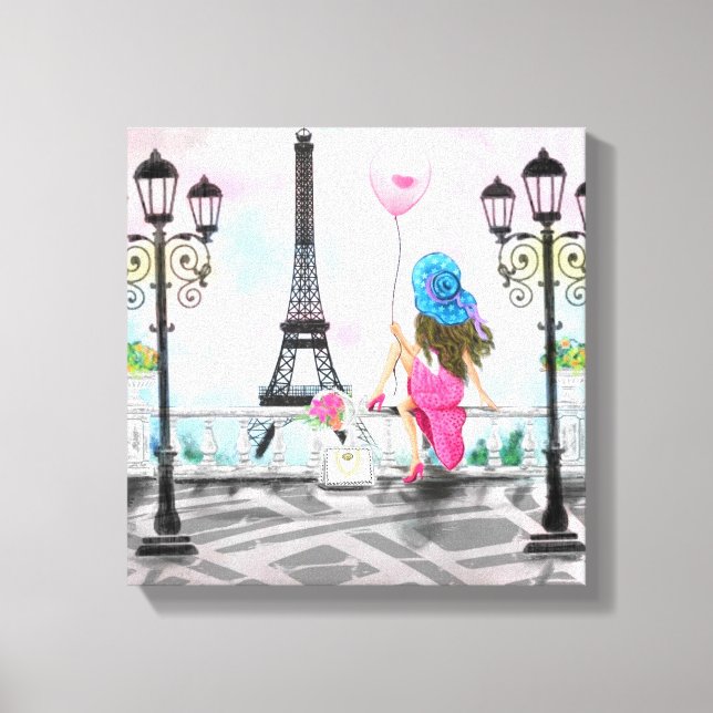 Frau mit Ballon Paris Canvas Print Eiffel Tower Leinwanddruck (Vorderseite)