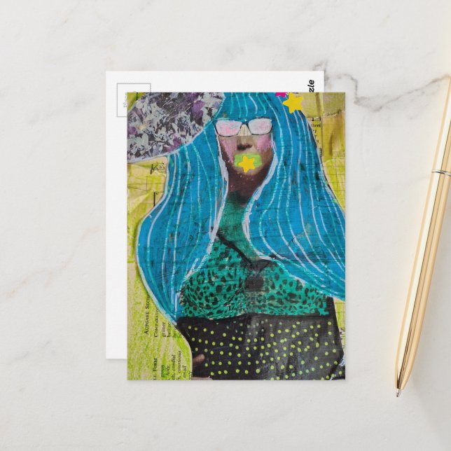 Frau mit blauem Haar Mixed Media Collage Postkarte (Vorderseite/Rückseite Beispiel)