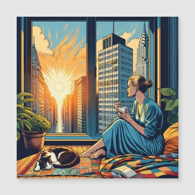 Frau mit Blick auf das Fenster Kaffee trinken Magnetkarte (Vorderseite)