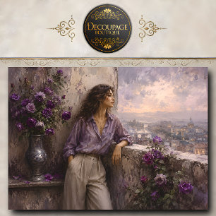 Frau mit Blick auf die Stadt mit violetten Rosen Seidenpapier