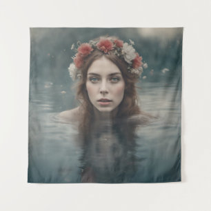 Frau mit Blume auf ihrem Kopf im Teich Wandteppich