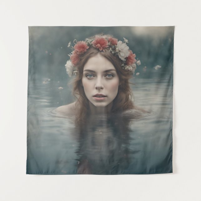 Frau mit Blume auf ihrem Kopf im Teich Wandteppich (Vorderseite)