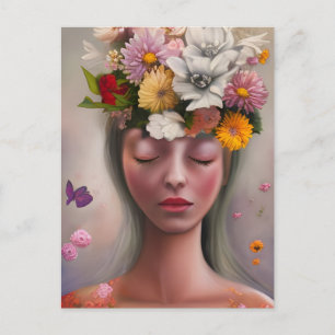 Frau mit Blume auf ihrem Kopf Postkarte
