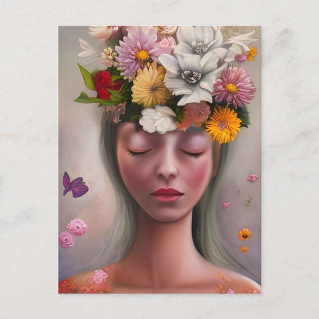 Frau mit Blume auf ihrem Kopf Postkarte (Vorderseite)