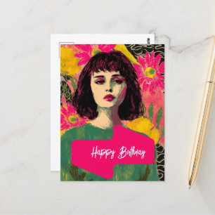 Frau mit Blume glücklich zum Geburtstag Postkarte