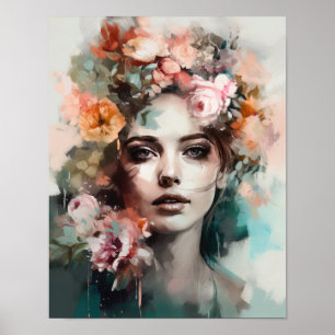 Frau mit Blume Head Art Print Poster