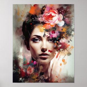 Frau mit Blume Head Art Print Poster