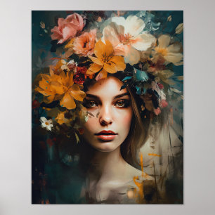 Frau mit Blume Head Art Print Poster