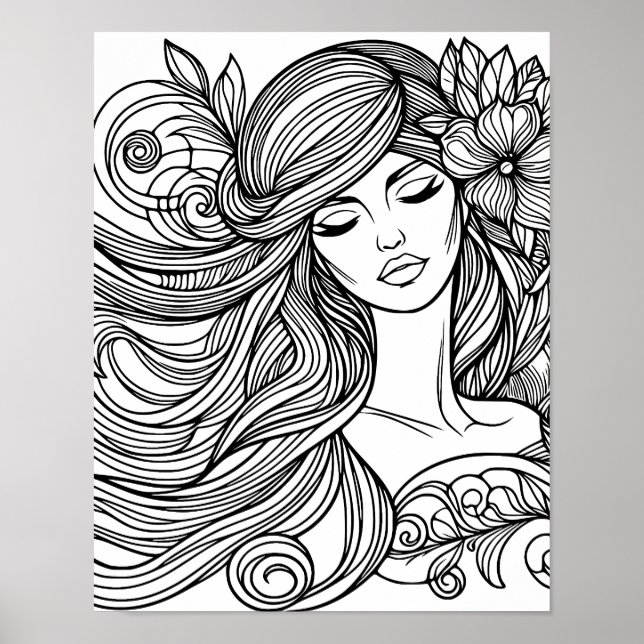 Frau mit Blume in Haarlinie Malerseite Poster (Vorne)