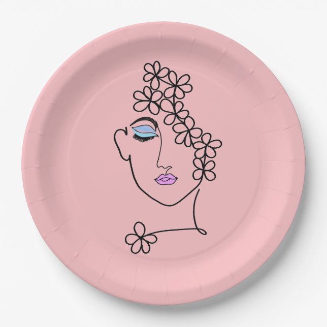 Frau mit Blume Linie Art Pink Pappteller (Vorderseite)