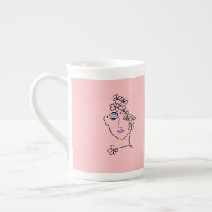 Frau mit Blume Linie Art Pink Prozellantasse