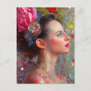 Frau mit Blume und Herz Postkarte