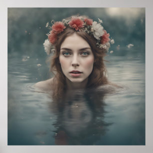 Frau mit Blumen auf dem Kopf, die in einem Teich s Poster