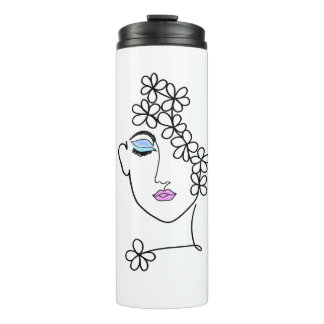 Frau mit Blumen Linienkunst Thermosbecher
