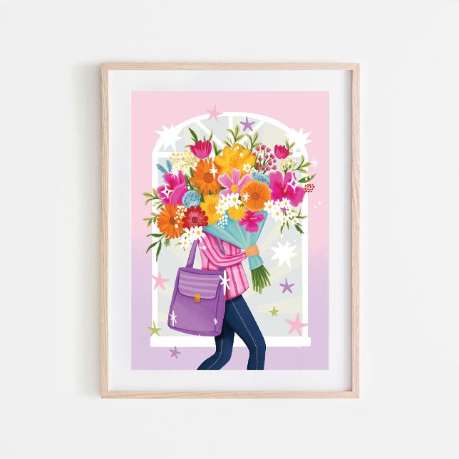 Frau mit Blumenstrauß Farbige Illustration  Poster (Von Creator hochgeladen)