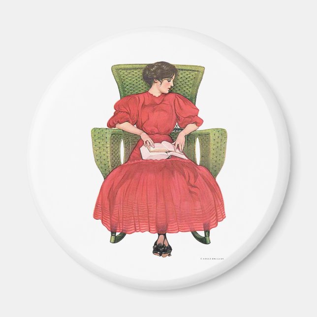Frau mit Buch, grüner Stuhl Magnet (Vorne)